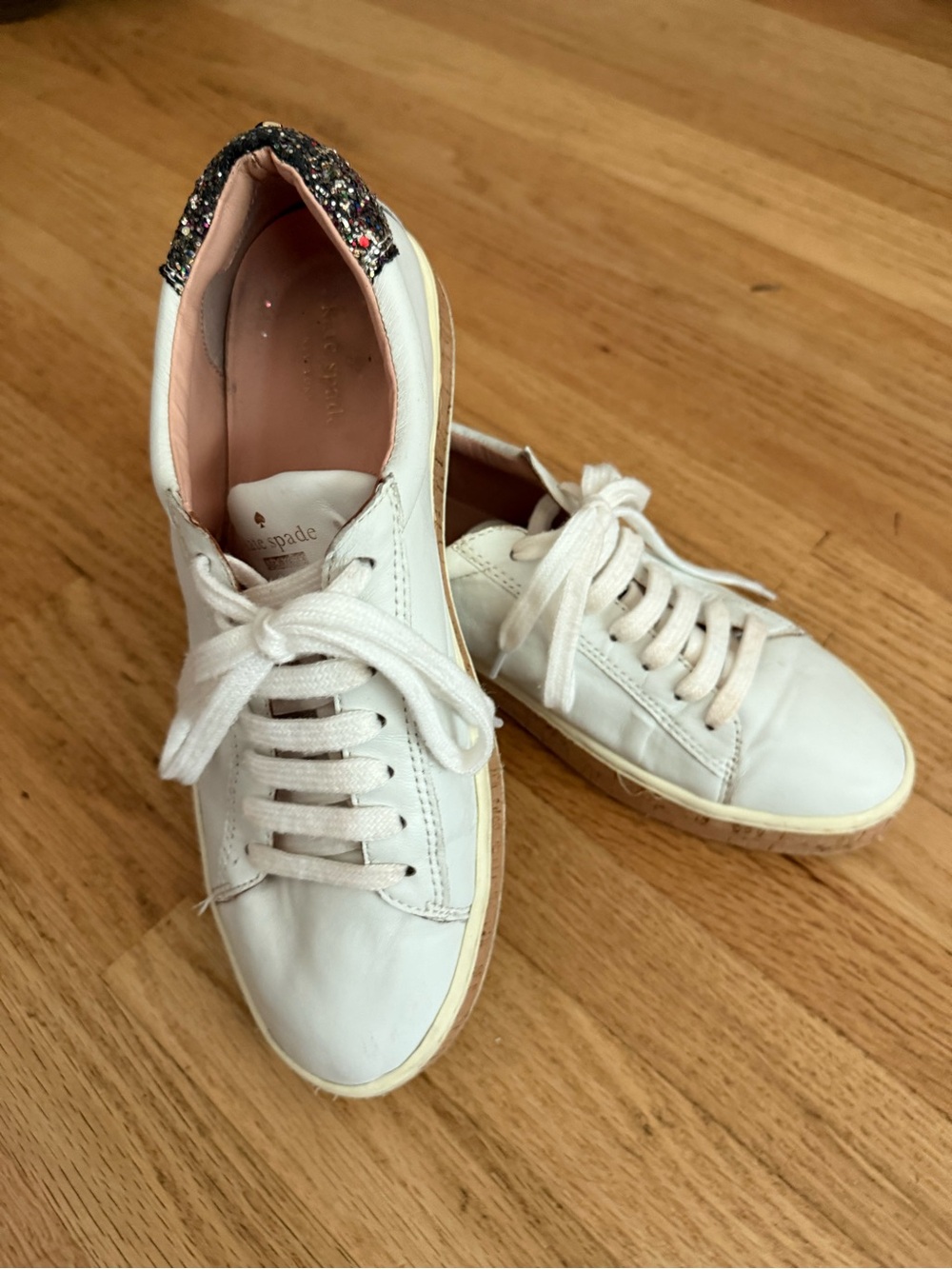 kate spade White Leather Sneakers with Multicolor Glitter Heel